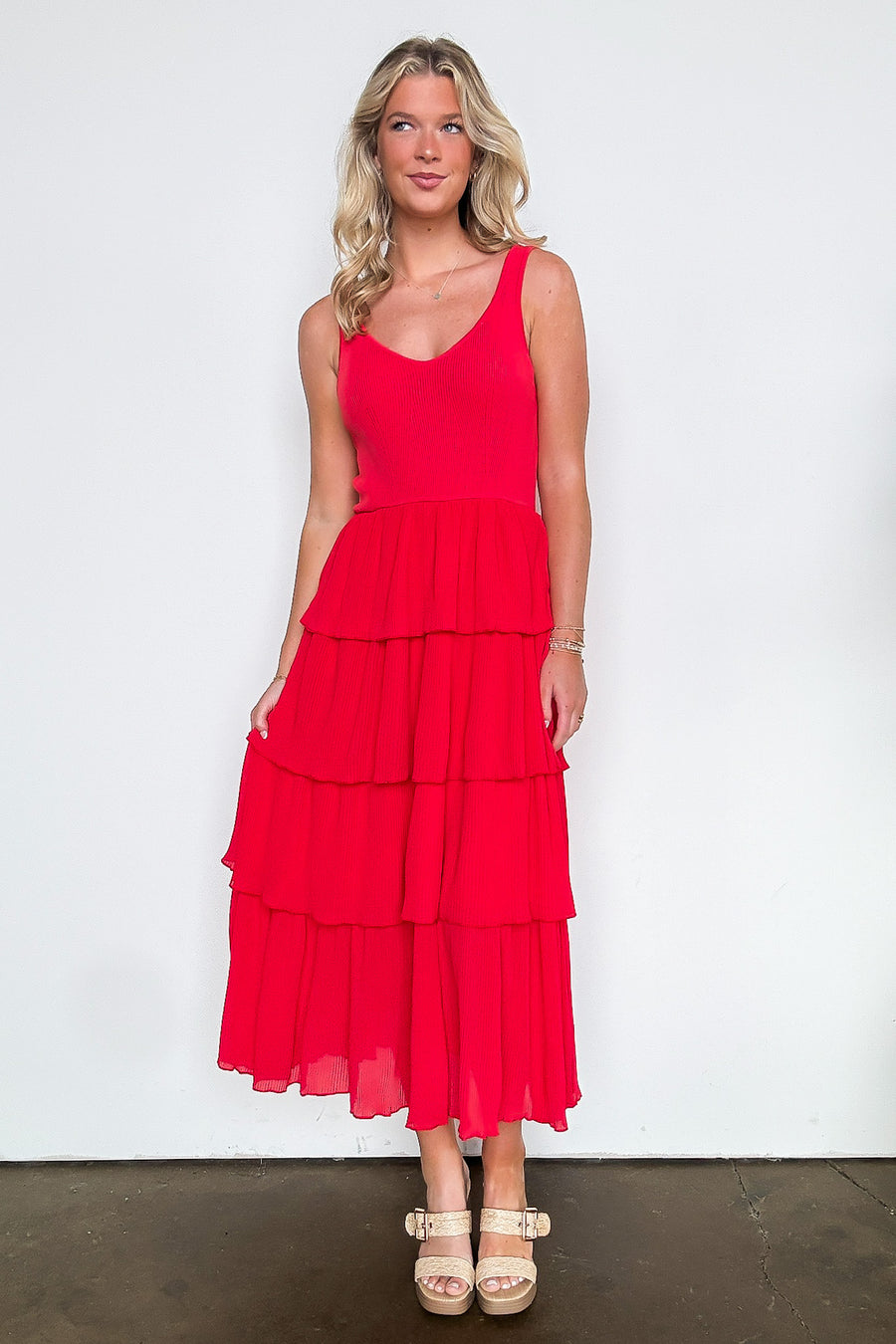 Red Orange / S Marinette Pleated Tiered Midi Dress - Madison and Mallory