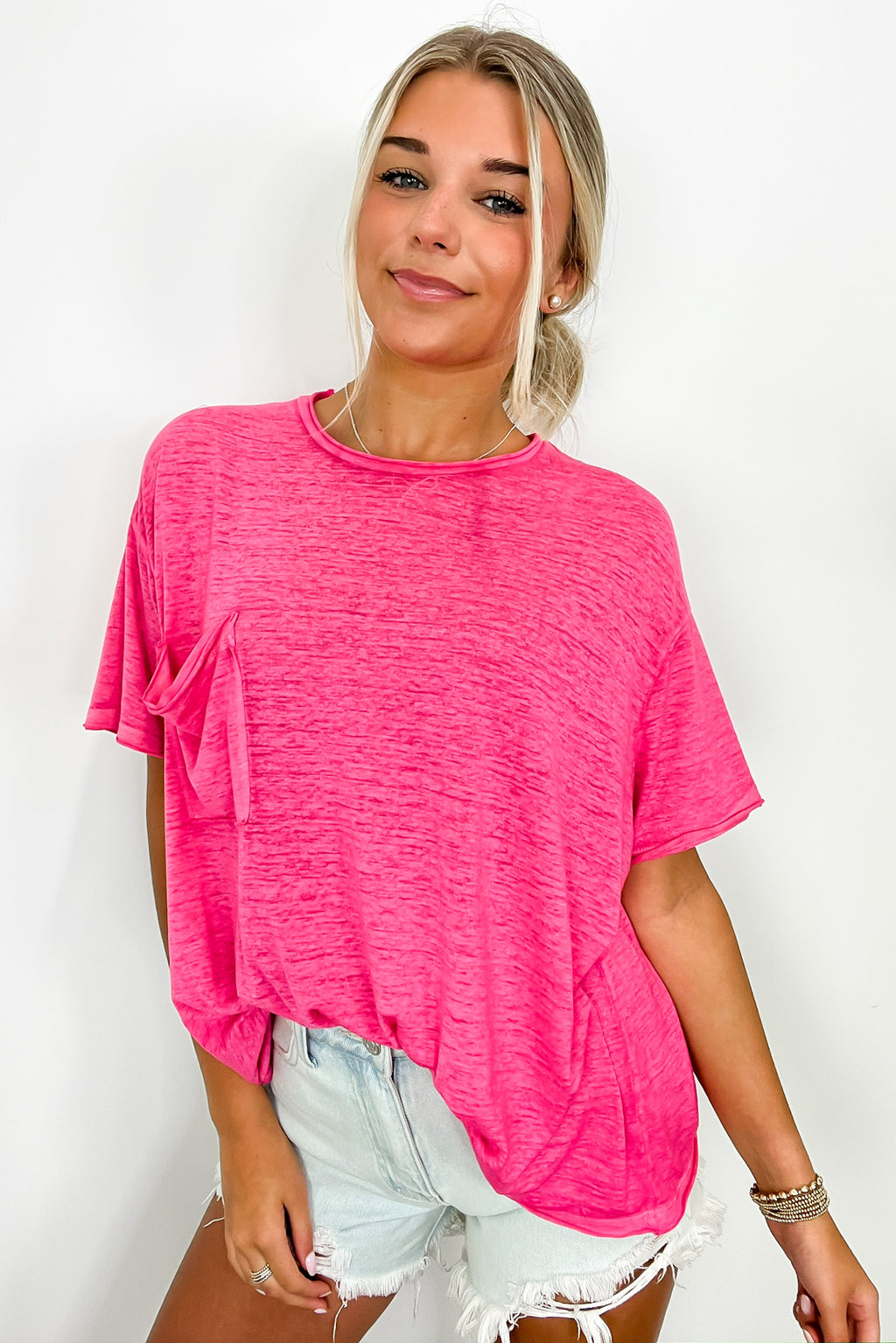 Fuchsia / SM Marisol Burnout Wash Semi-Sheer Oversized Pocket Top - Madison and Mallory