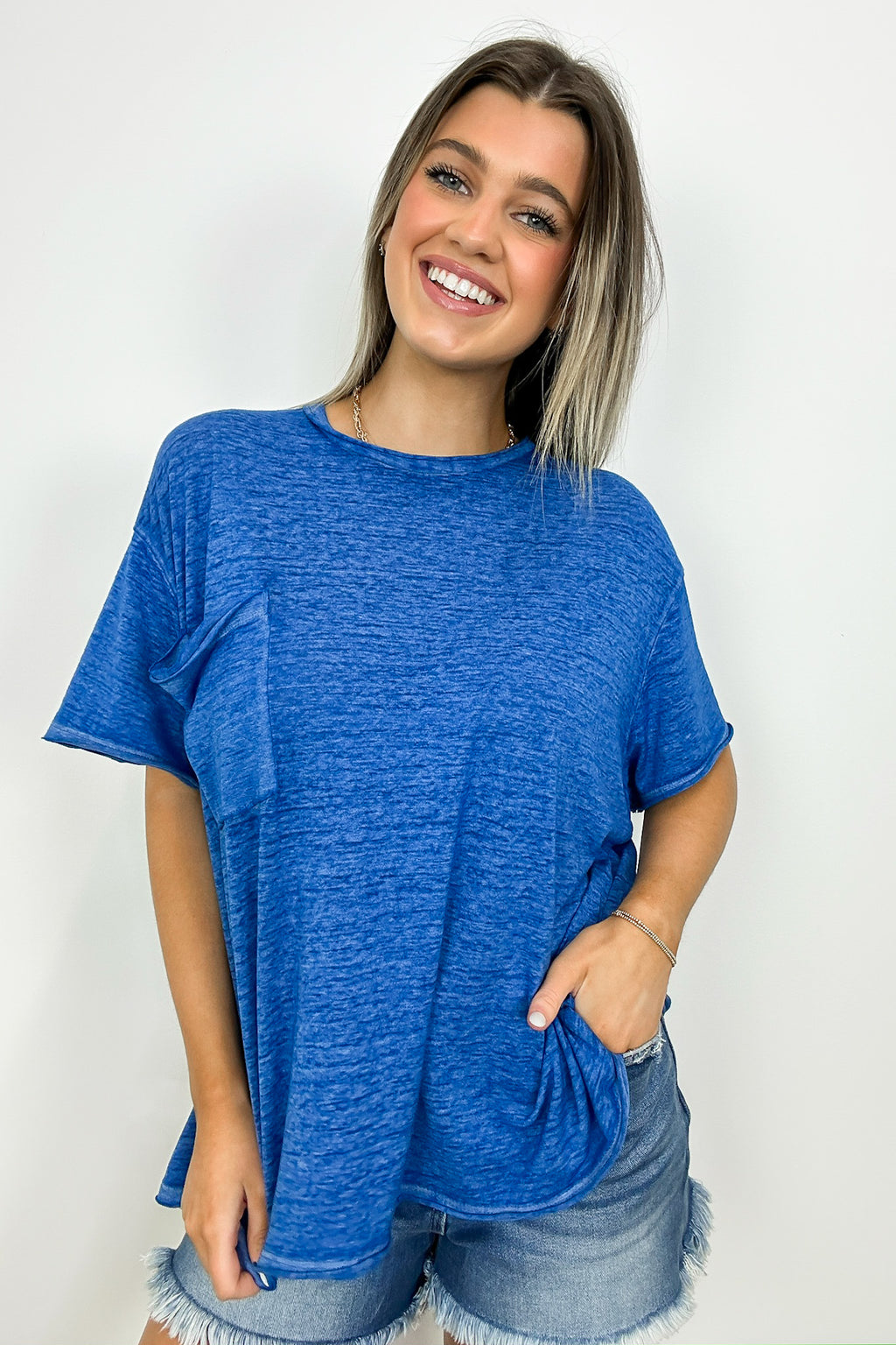 Classic Blue / SM Marisol Burnout Wash Semi-Sheer Oversized Pocket Top - Madison and Mallory