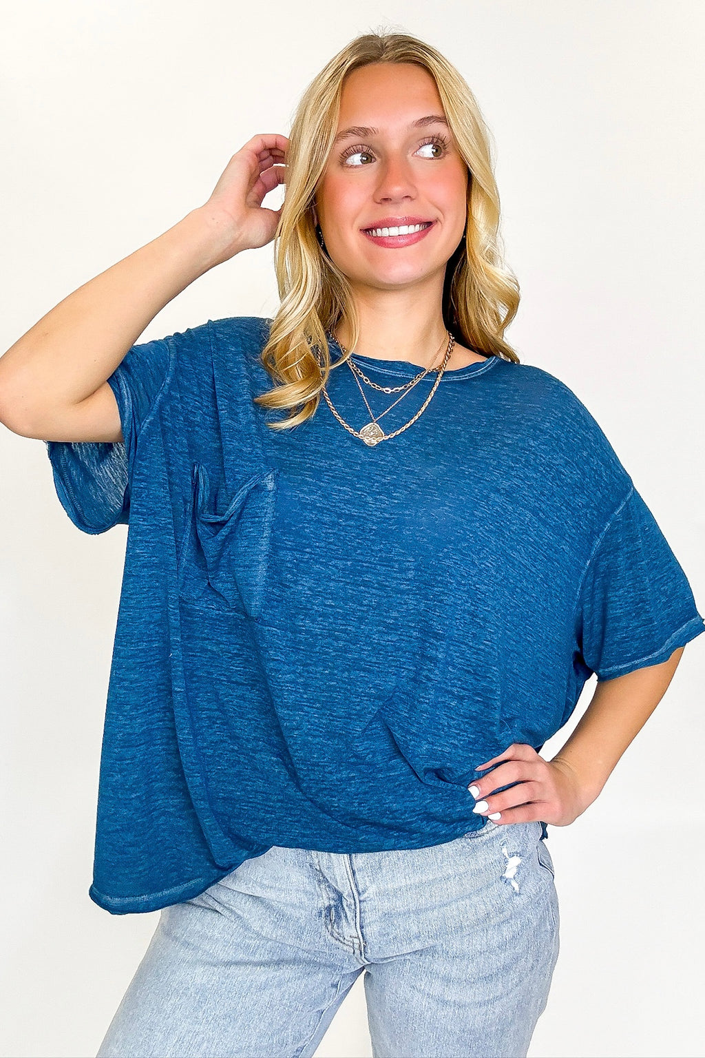 Teal / SM Marisol Burnout Wash Semi-Sheer Oversized Pocket Top - Madison and Mallory