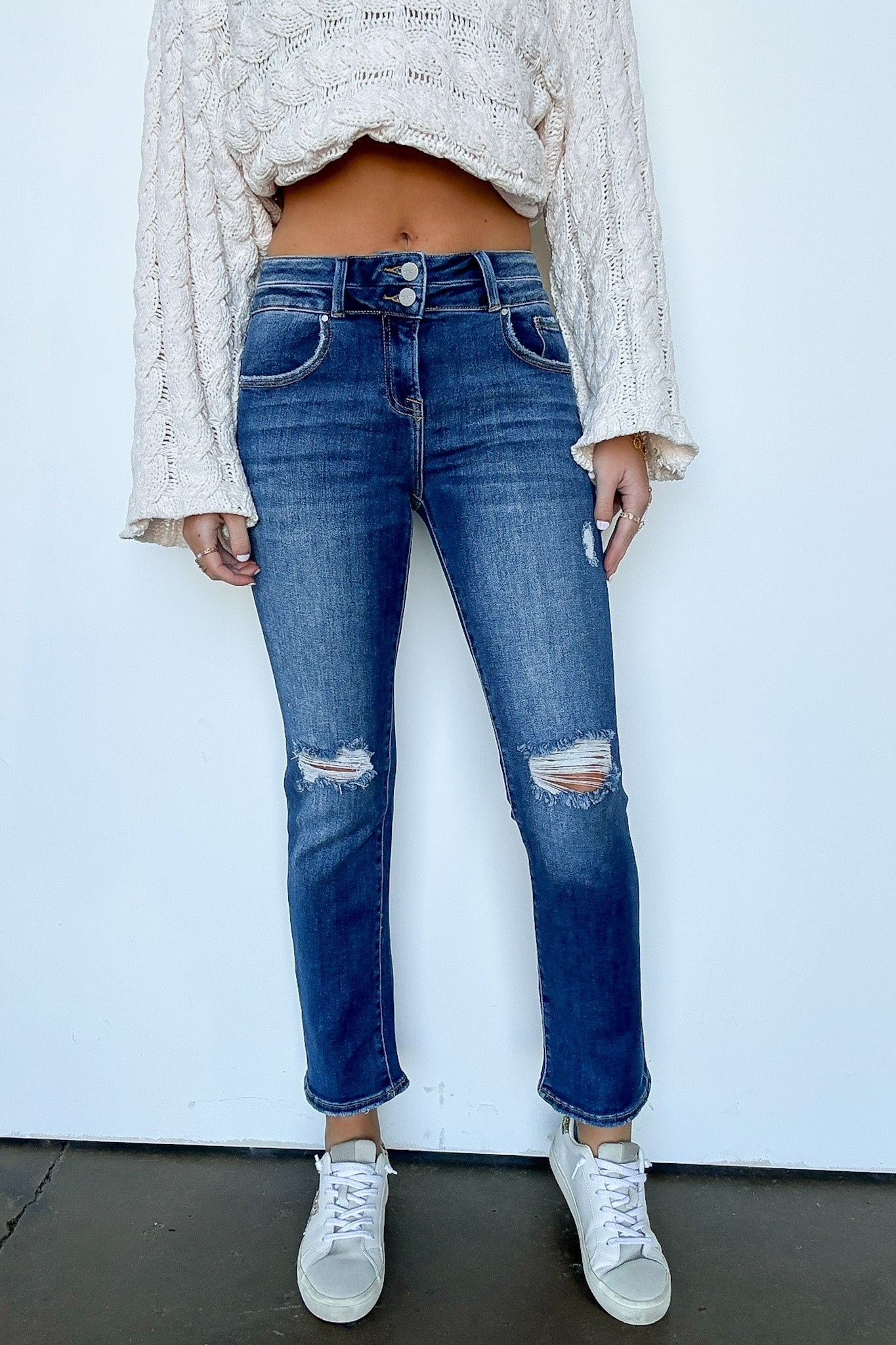 1 / Dark Marisse High Rise Distressed Slim Straight Jeans - Madison and Mallory