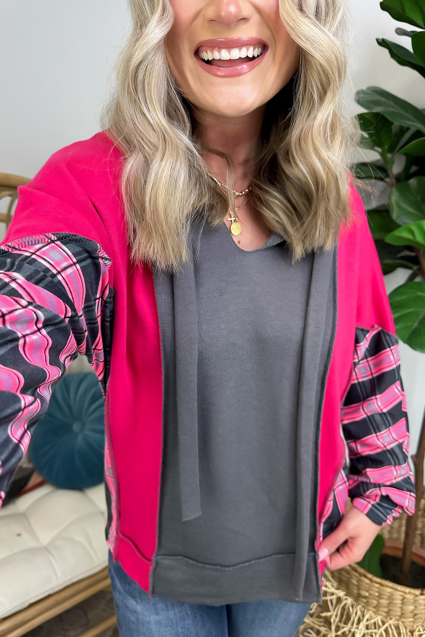 Pink / S Marisse Plaid Color Block Hoodie - FINAL SALE - Madison and Mallory