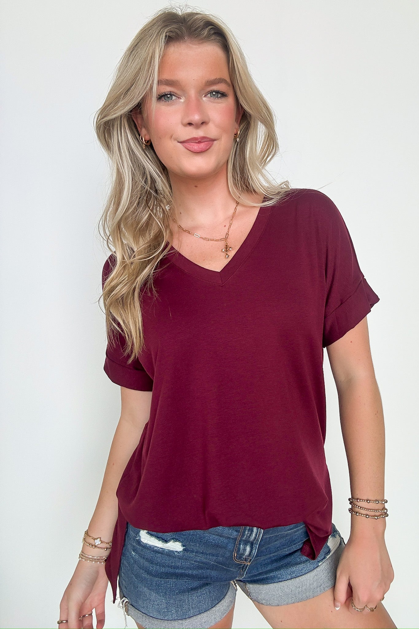 Dark Burgundy / S Mariza Rolled Sleeve Top - BACK IN STOCK - Madison and Mallory