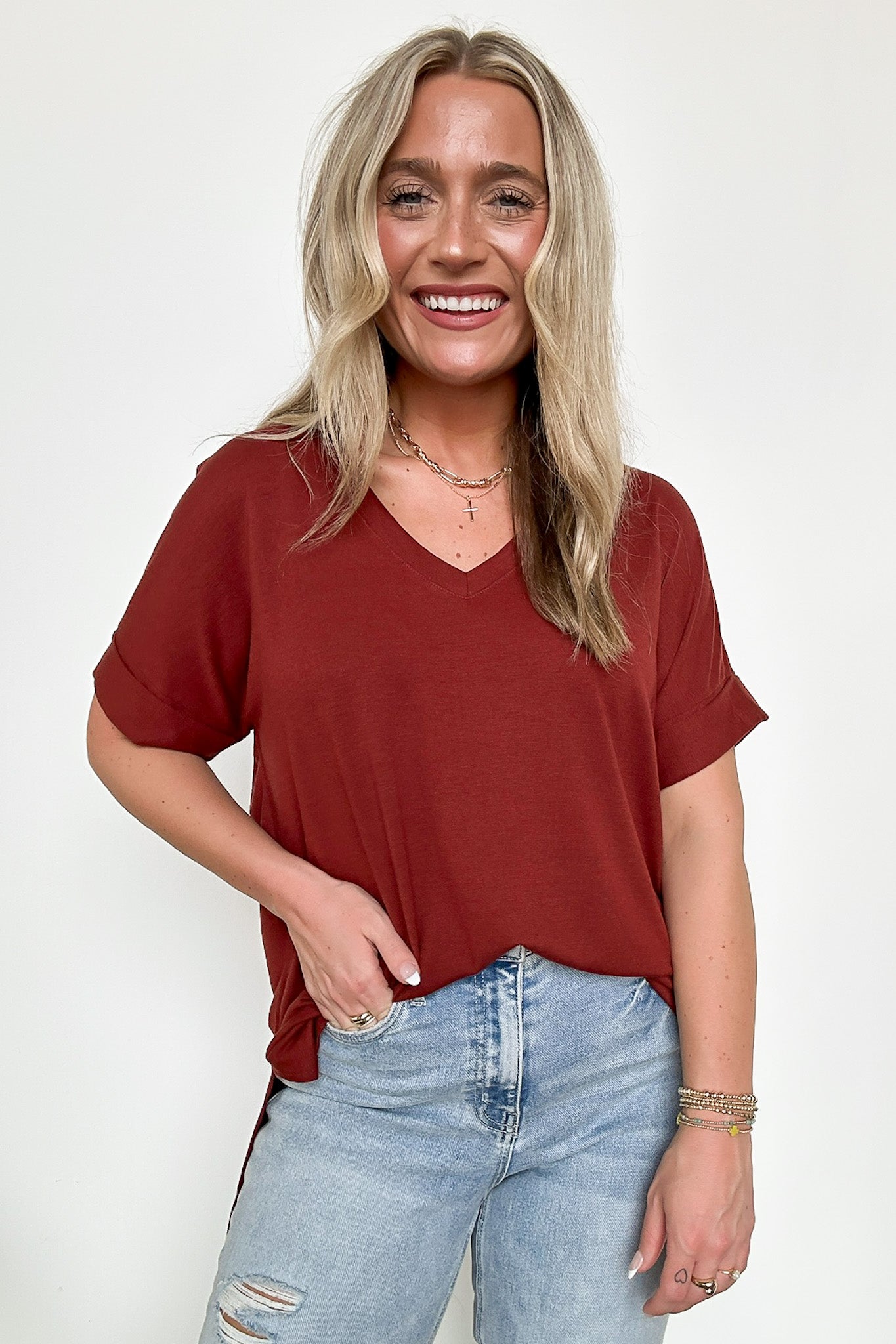 Dark Rust / S Mariza Rolled Sleeve Top - BACK IN STOCK - Madison and Mallory