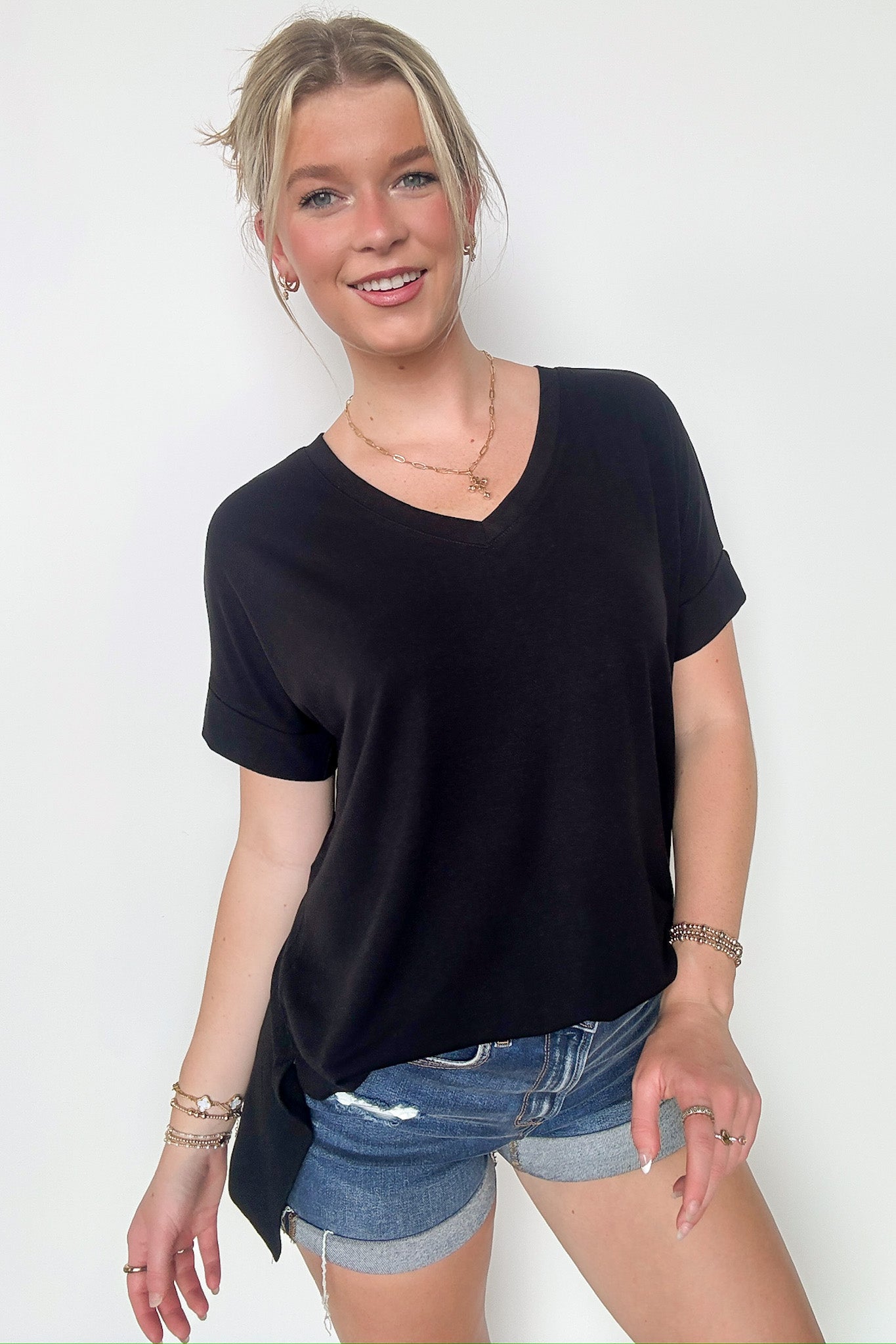 Black / S Mariza Rolled Sleeve Top - BACK IN STOCK - Madison and Mallory