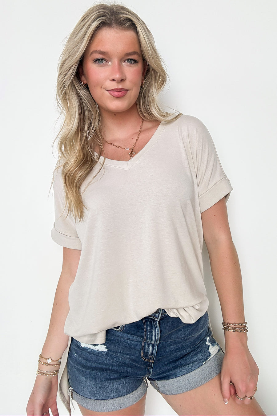 Sand Beige / S Mariza Rolled Sleeve Top - BACK IN STOCK - Madison and Mallory