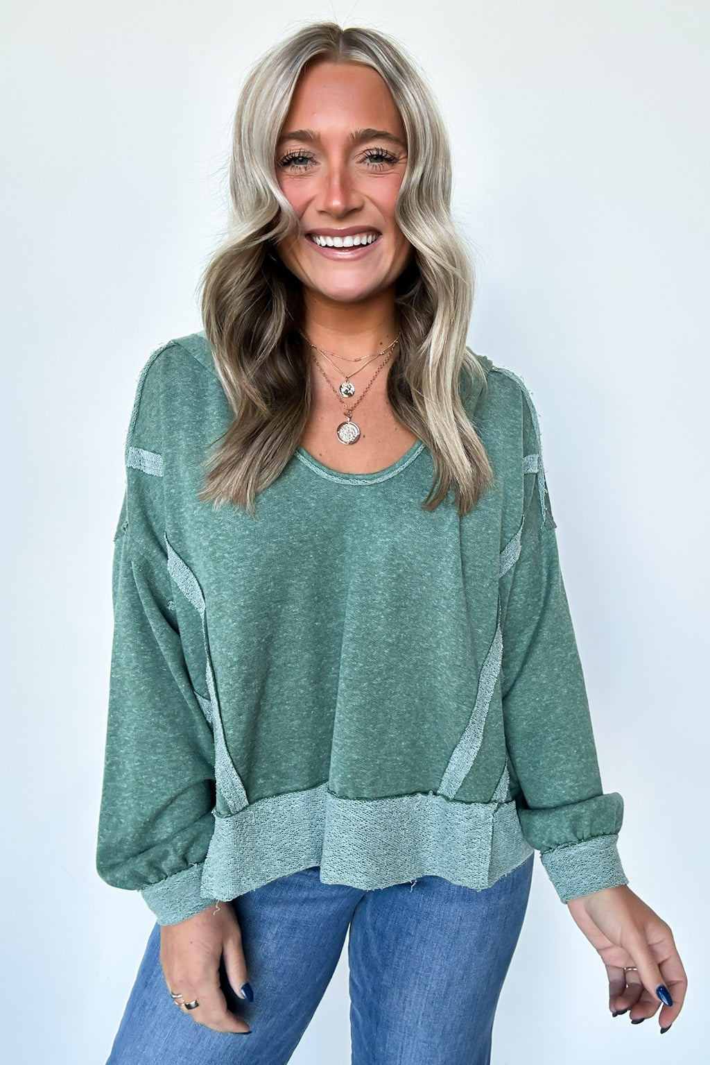 Dark Green / SM Marleigh Contrast Trim Relaxed Hooded Pullover - Madison and Mallory