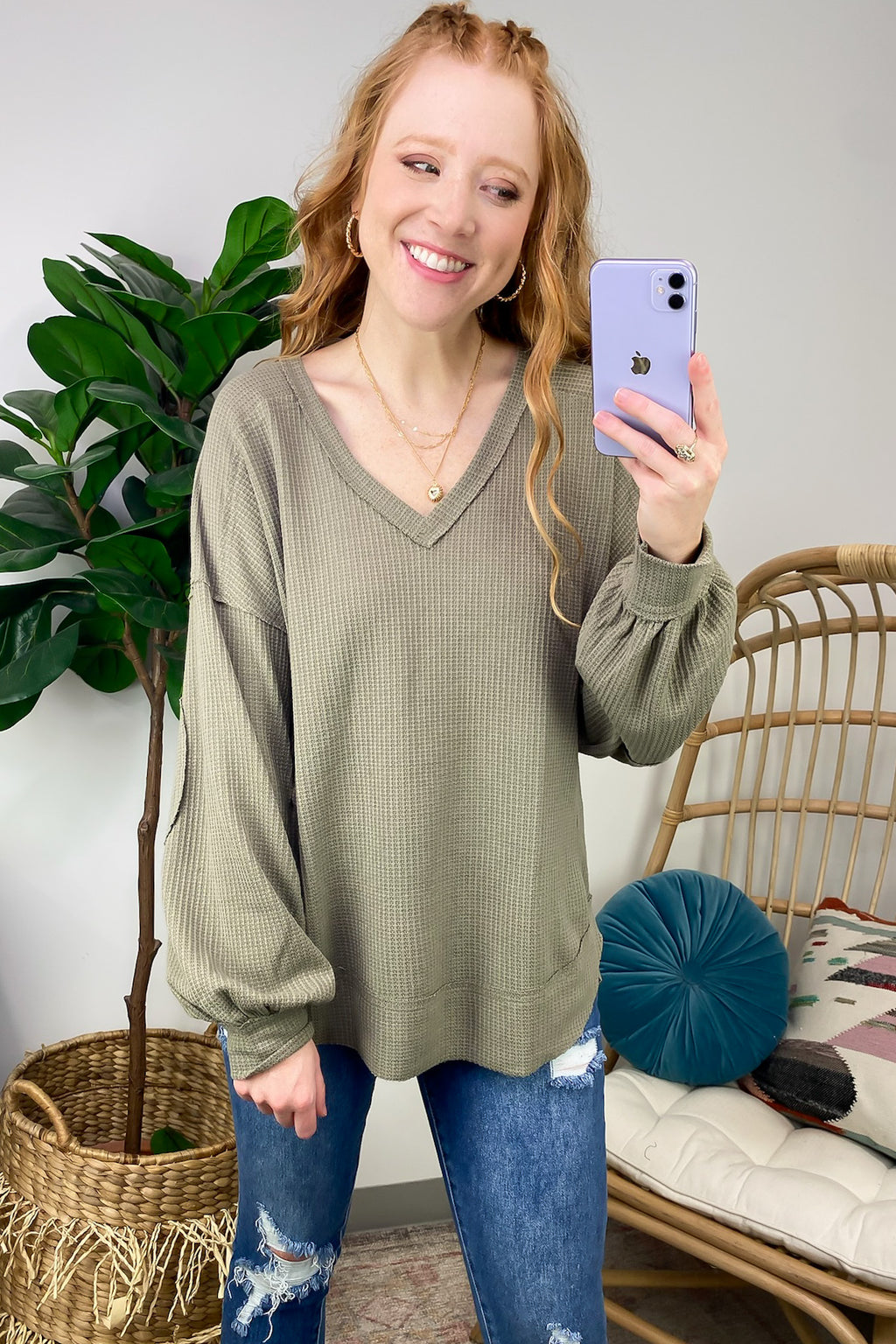 Olive / S Marlenis Elbow Patched Casual Knit Top - FINAL SALE - Madison and Mallory