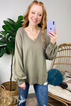 Olive / S Marlenis Elbow Patched Casual Knit Top - FINAL SALE - Madison and Mallory
