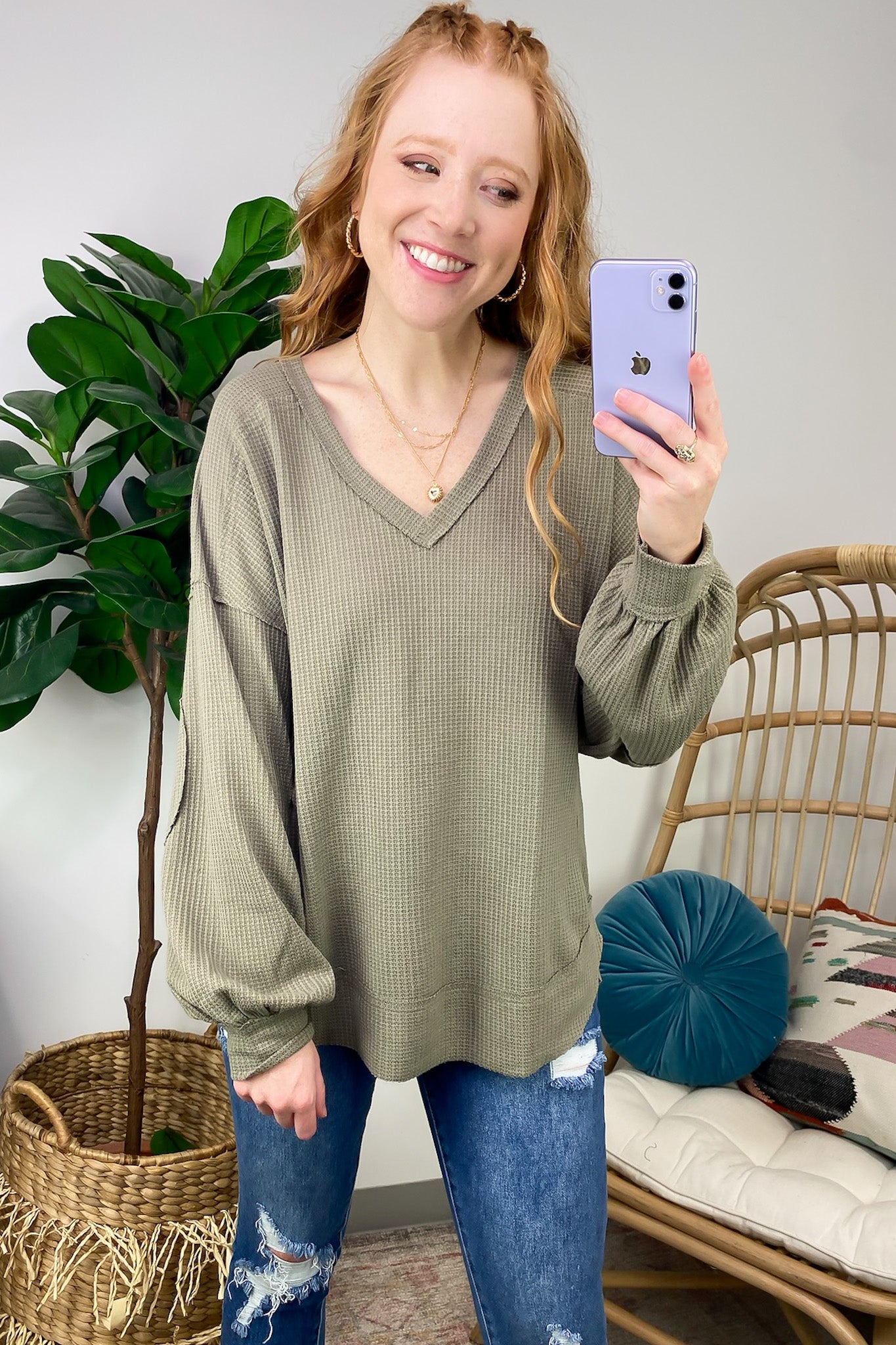 Olive / S Marlenis Elbow Patched Casual Knit Top - FINAL SALE - Madison and Mallory