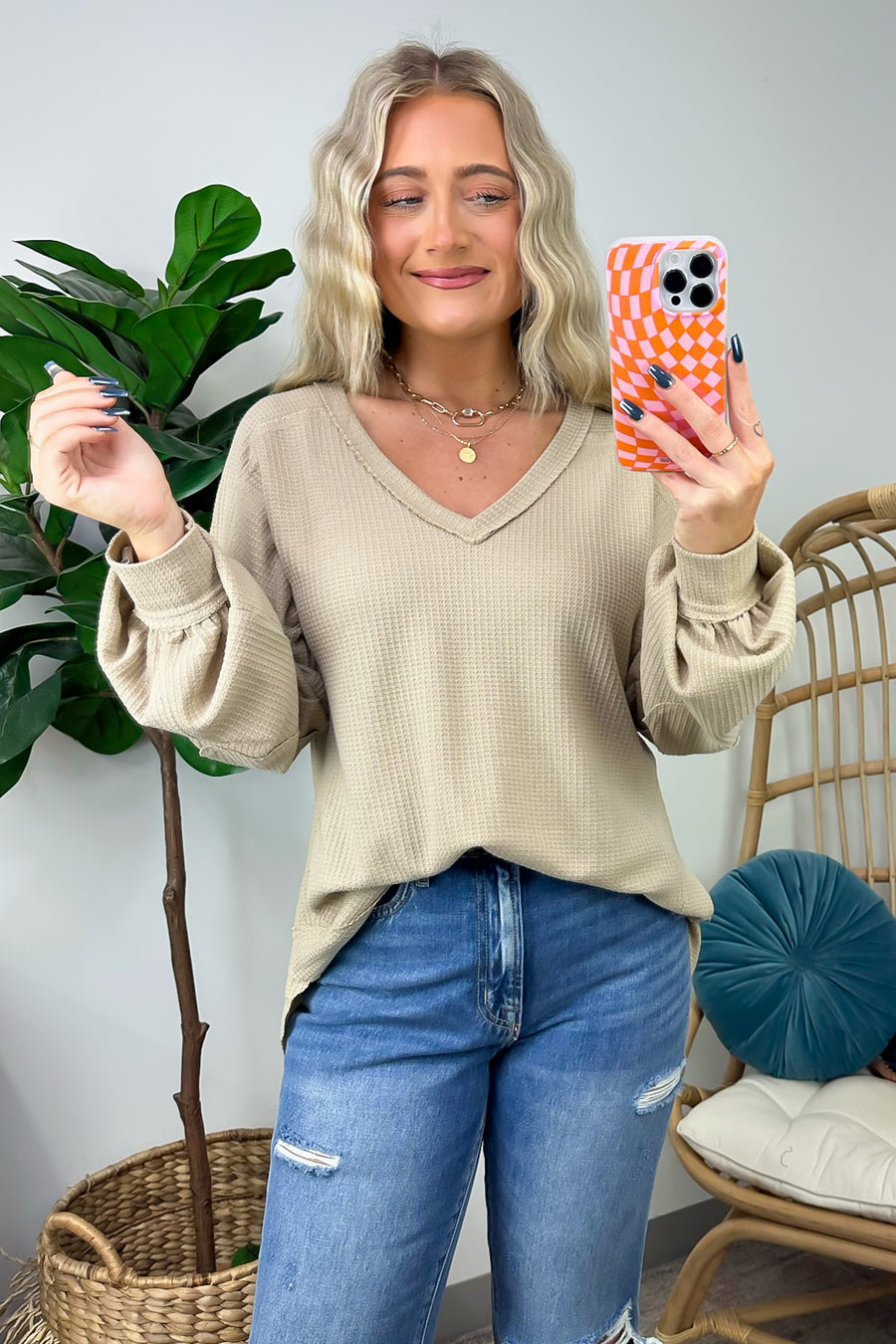 Taupe / S Marlenis Elbow Patched Casual Knit Top - FINAL SALE - Madison and Mallory