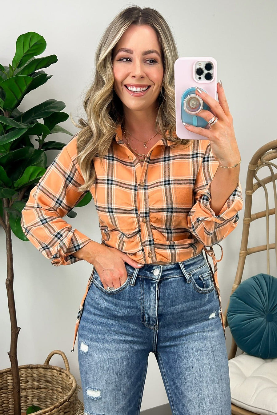 S / Orange Matka Plaid Side Ruched Button Down Top - FINAL SALE - Madison and Mallory