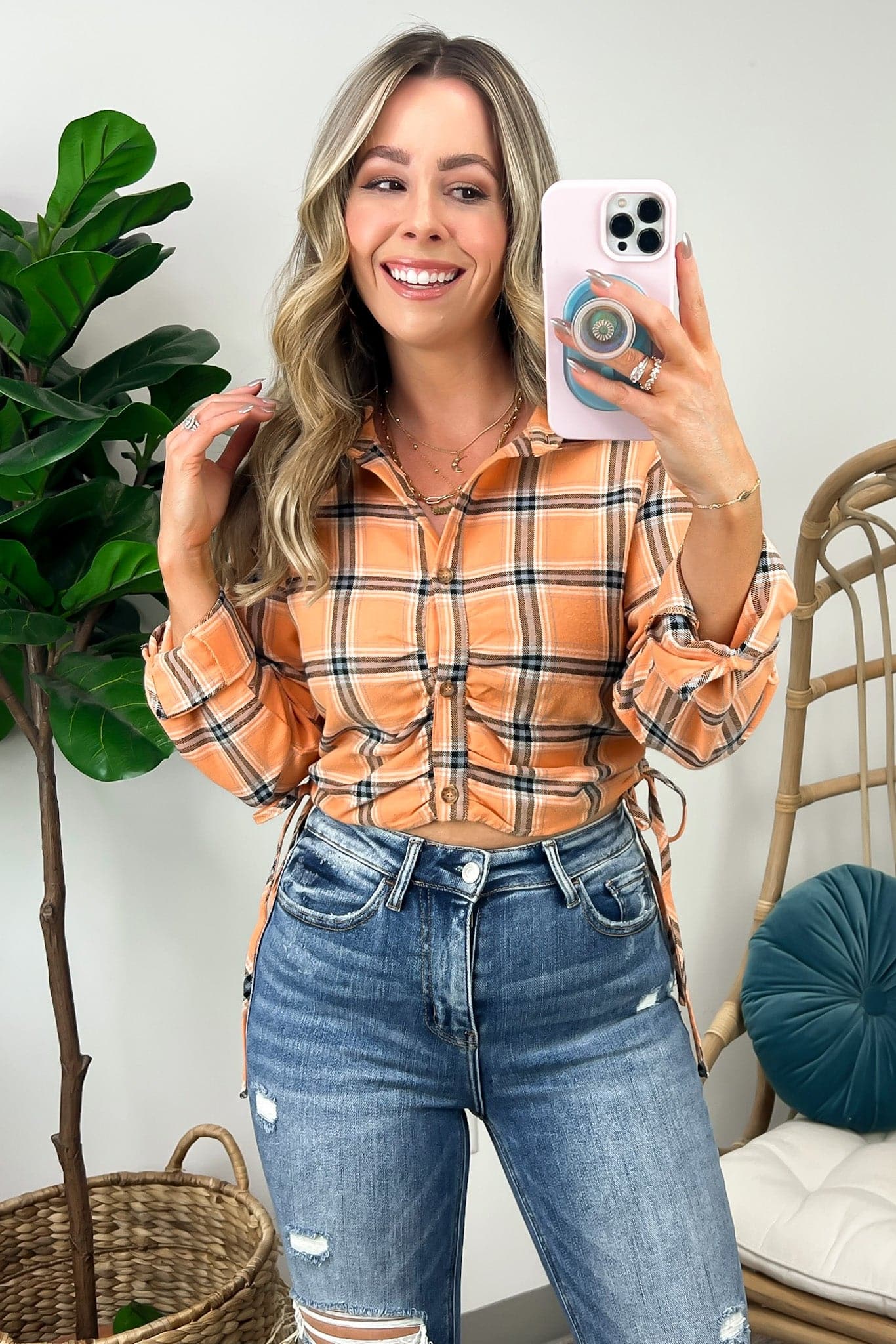  Matka Plaid Side Ruched Button Down Top - FINAL SALE - Madison and Mallory