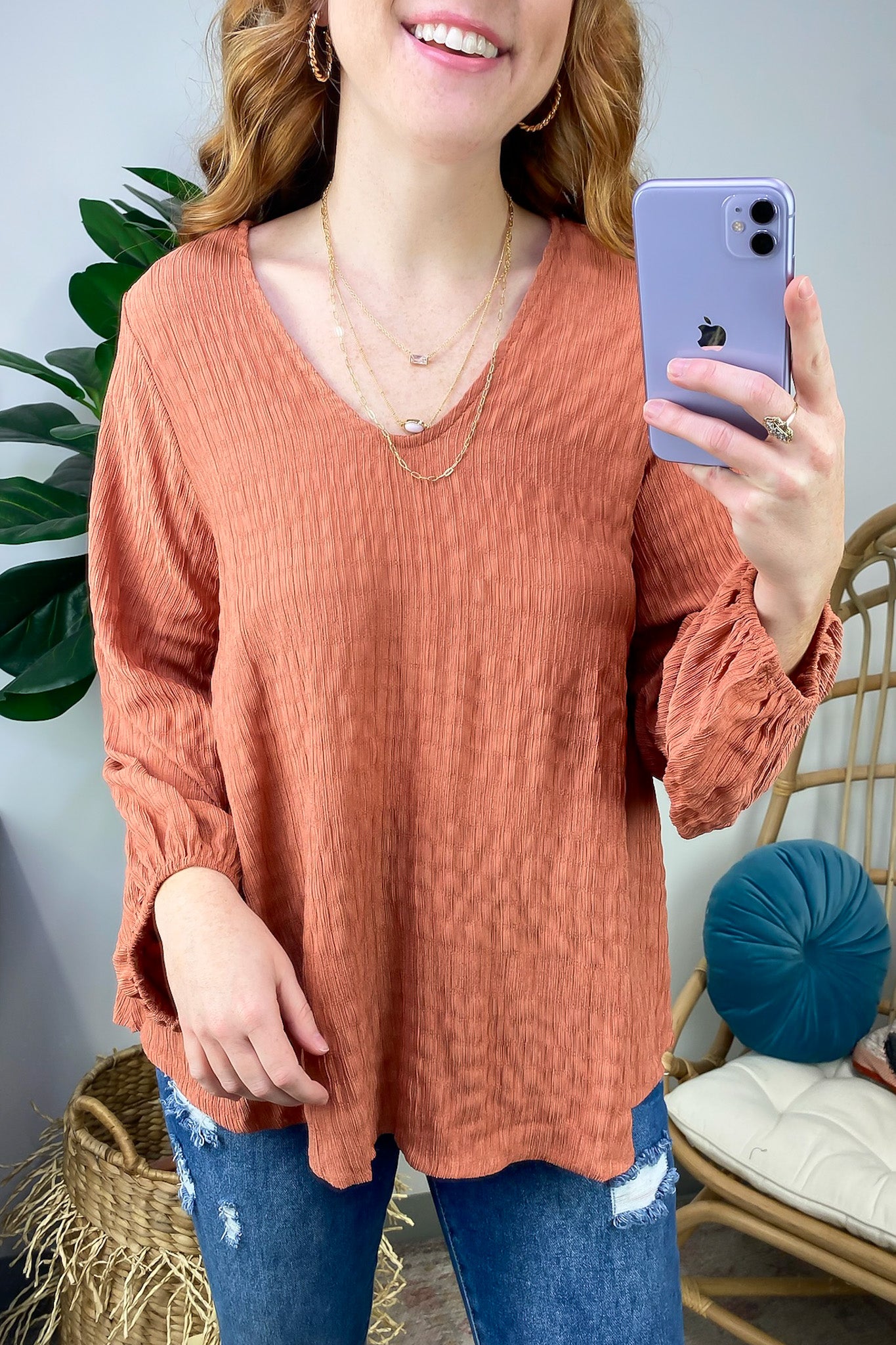  Maybelle Balloon Sleeve Textured V-Neck Top - FINAL SALE - Madison and Mallory