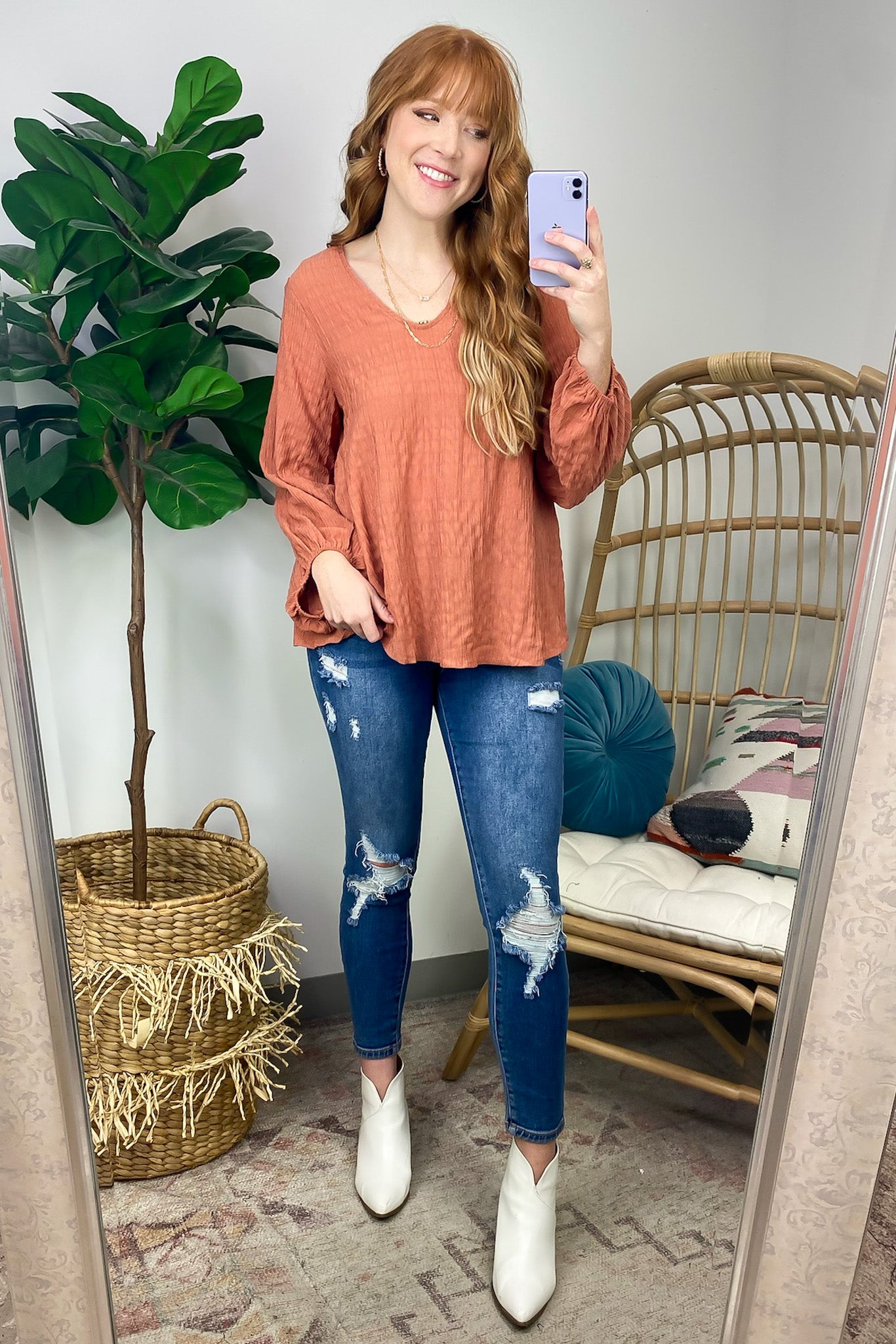  Maybelle Balloon Sleeve Textured V-Neck Top - FINAL SALE - Madison and Mallory