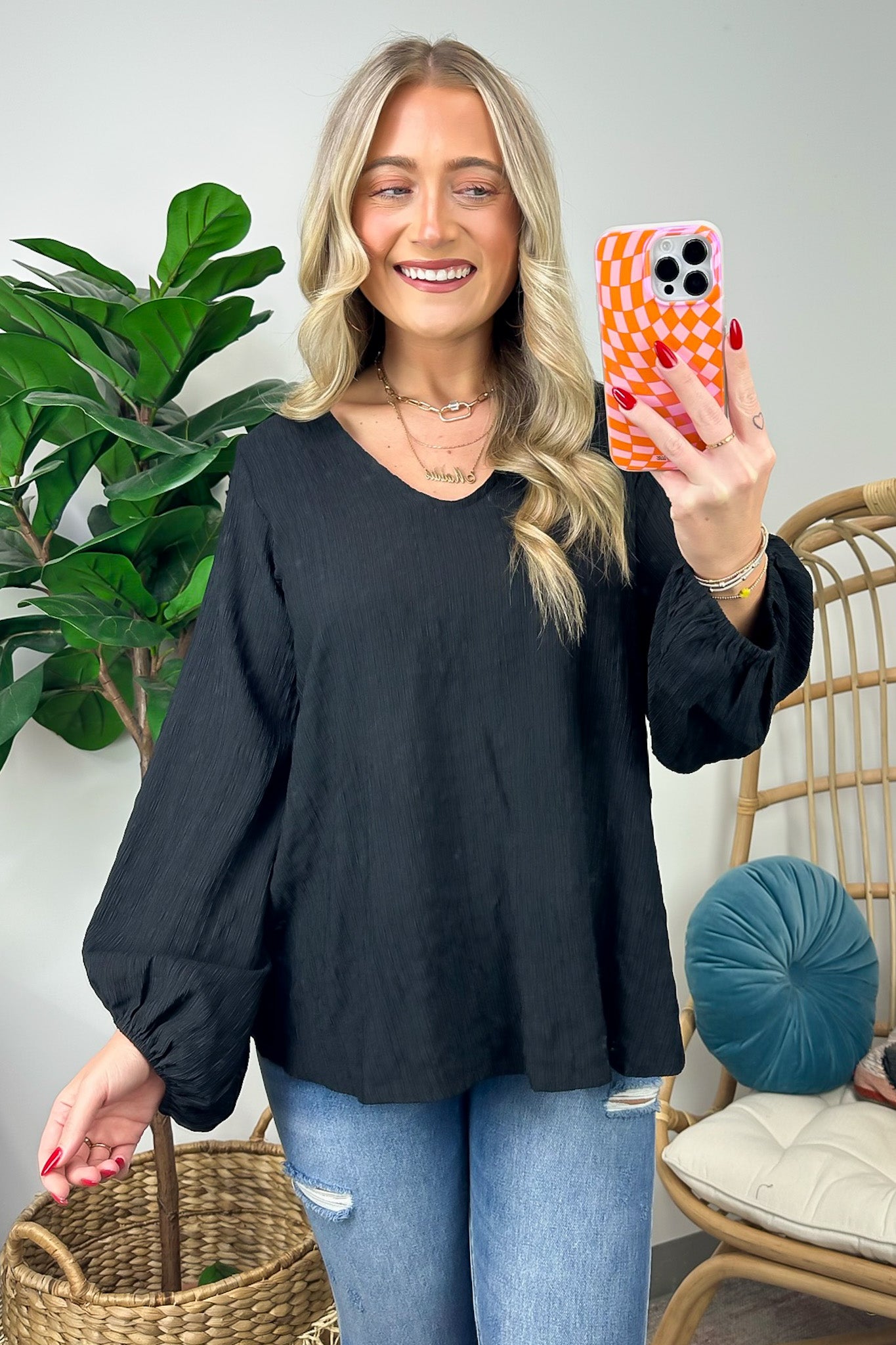  Maybelle Balloon Sleeve Textured V-Neck Top - FINAL SALE - Madison and Mallory