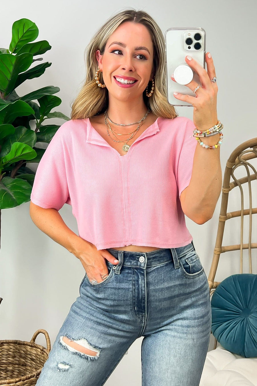 Pink / S Mayer Waffle Knit Cropped Top - FINAL SALE - Madison and Mallory