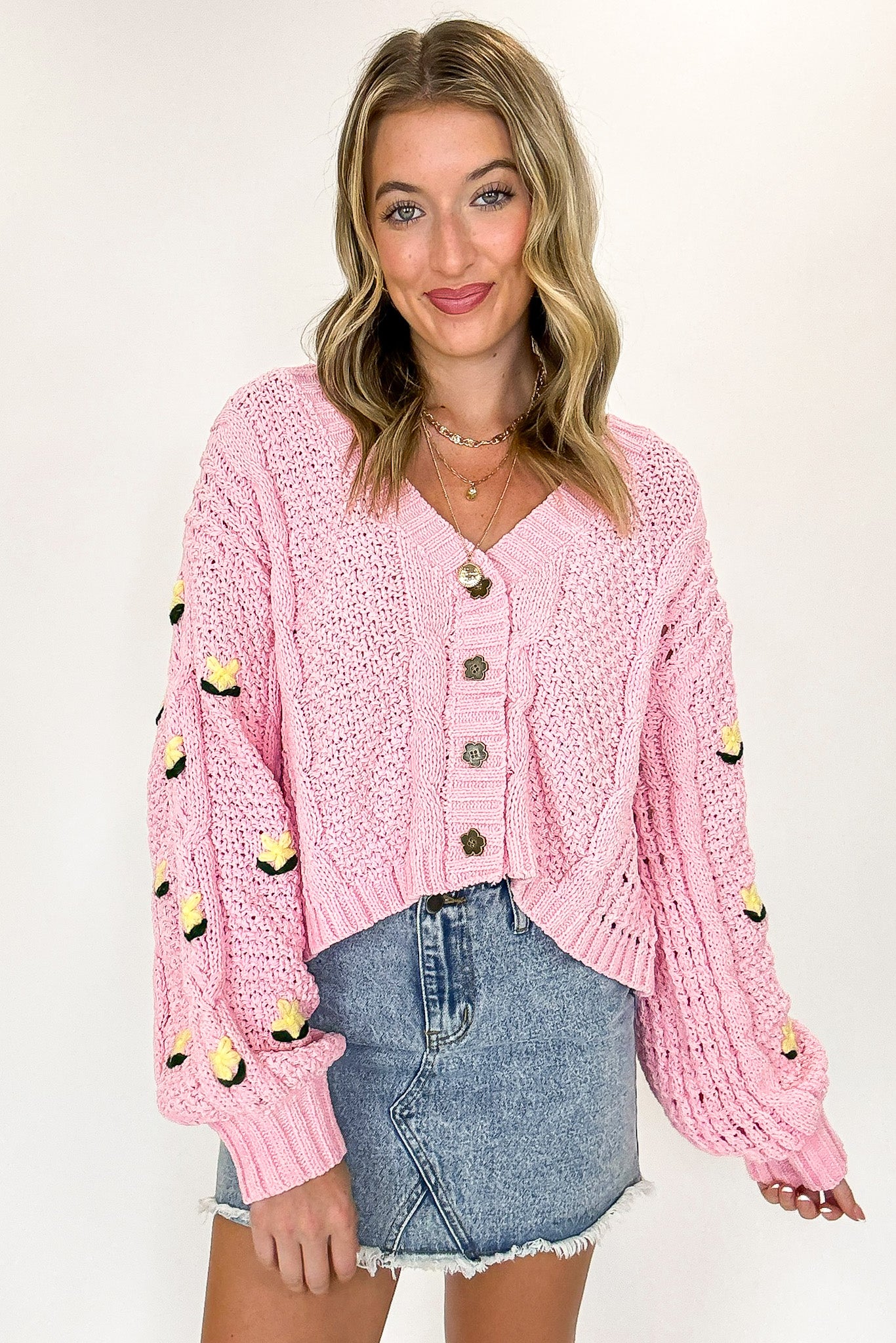 Candy Pink / S Meadow Mood Floral Embroidered Oversized Cardigan - Madison and Mallory