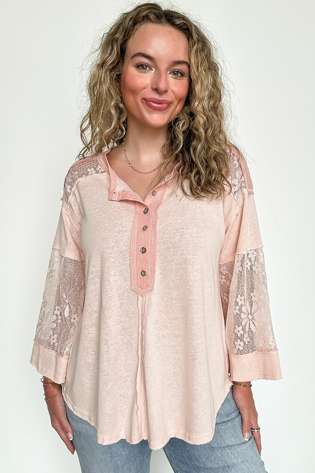Peach Blush / S Meadowline Lace Contrast Henley Top - FINAL SALE - Madison and Mallory