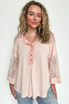 Peach Blush / S Meadowline Lace Contrast Henley Top - FINAL SALE - Madison and Mallory