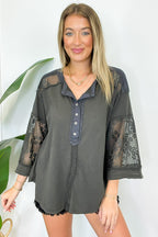 Meadowline Lace Contrast Henley Top - FINAL SALE - Madison and Mallory