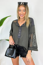 Meadowline Lace Contrast Henley Top - FINAL SALE - Madison and Mallory
