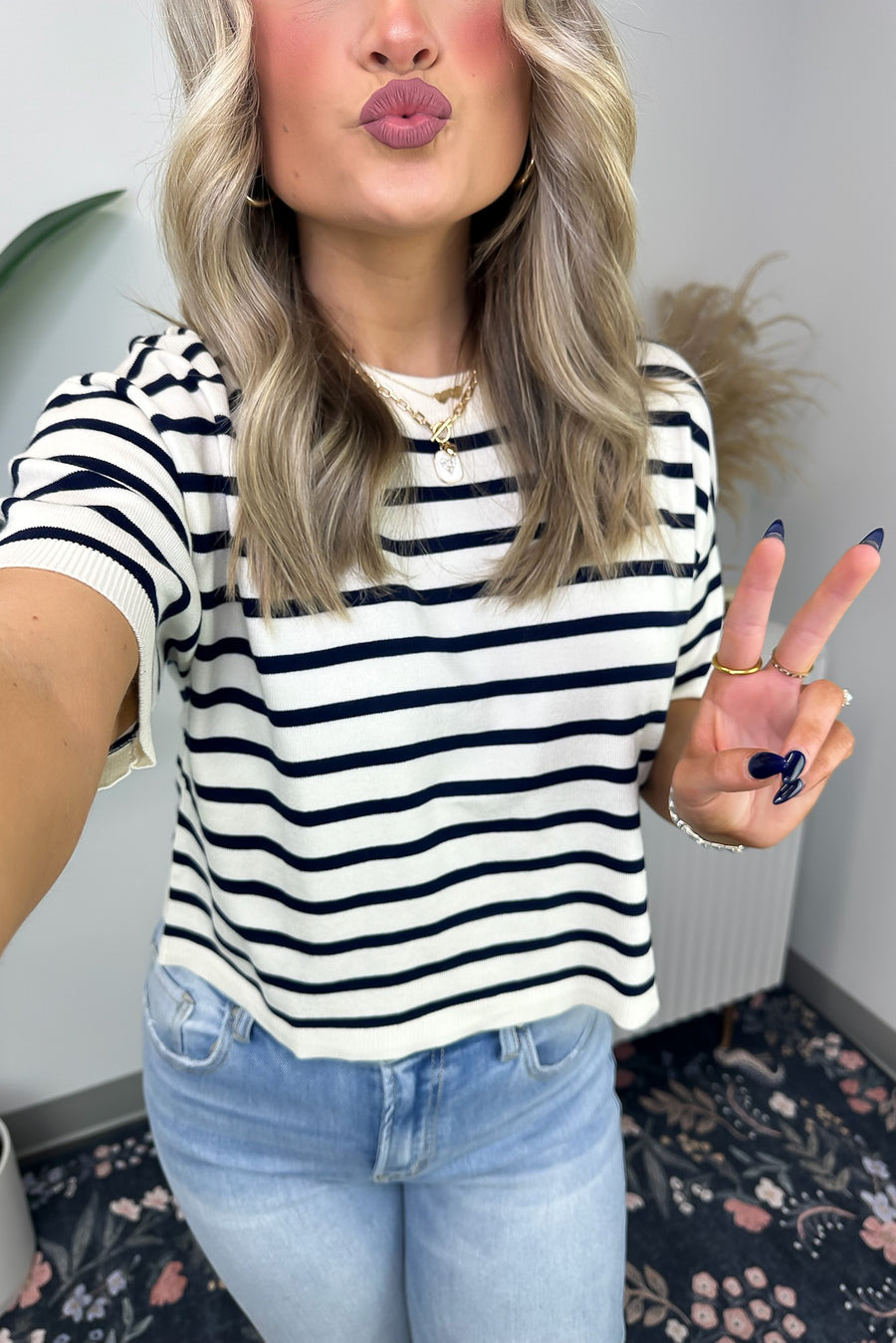 Navy/Cream / S Mennella Striped Short Sleeve Top - Madison and Mallory