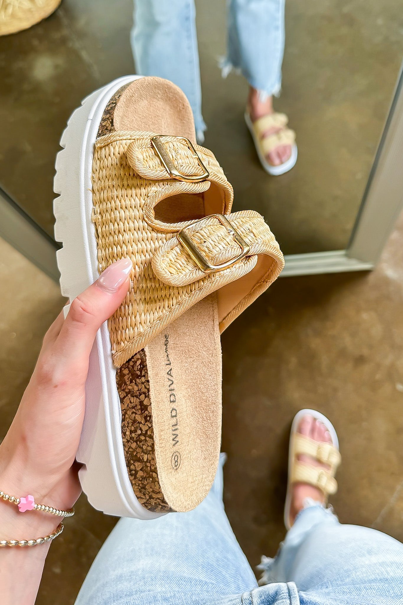 Beige / 6 Meralda Raffia Double Strap Platform Sandal - Madison and Mallory