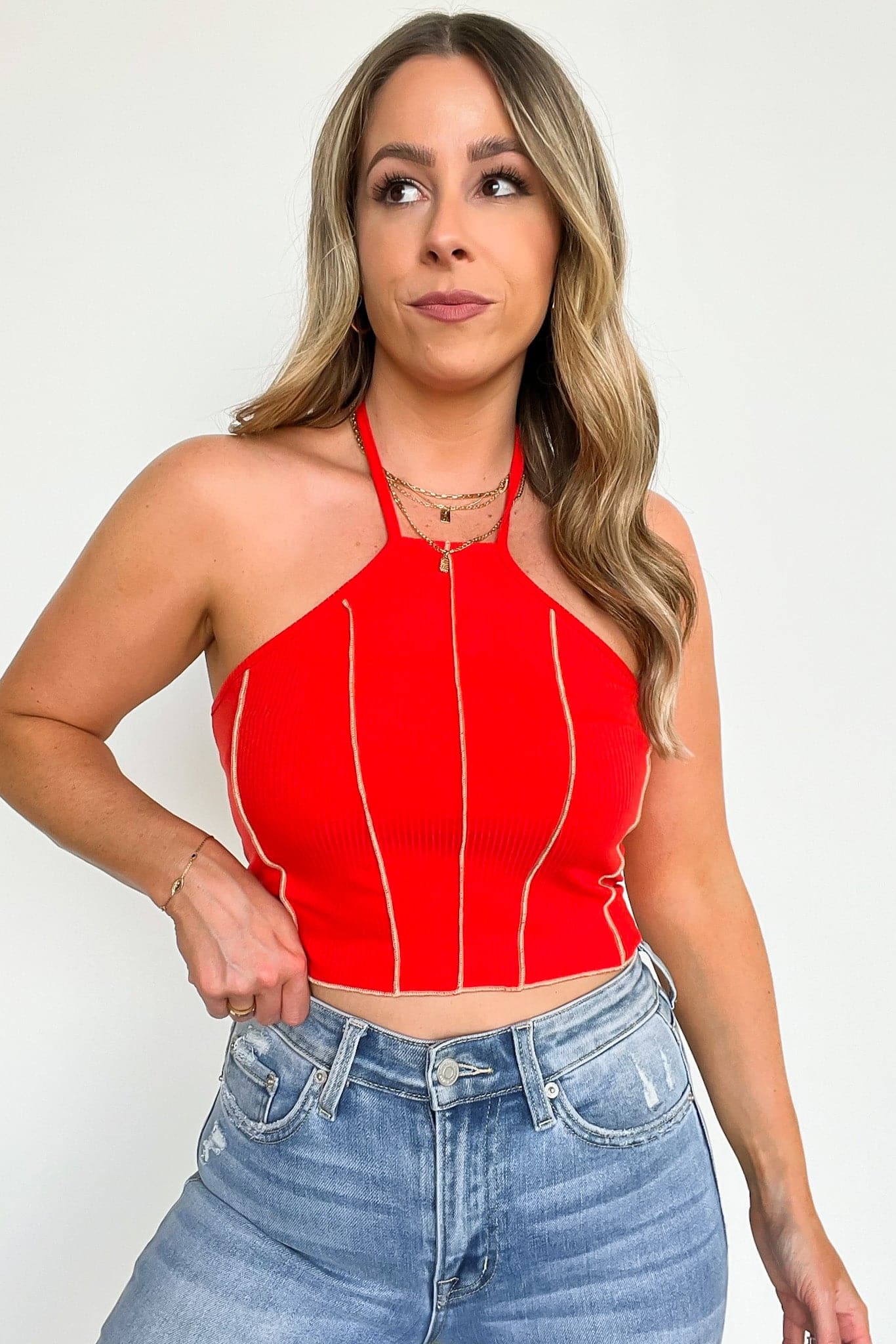 Tomato Red / S Merissah Merrow Ribbed Halter Tank Top - FINAL SALE - Madison and Mallory
