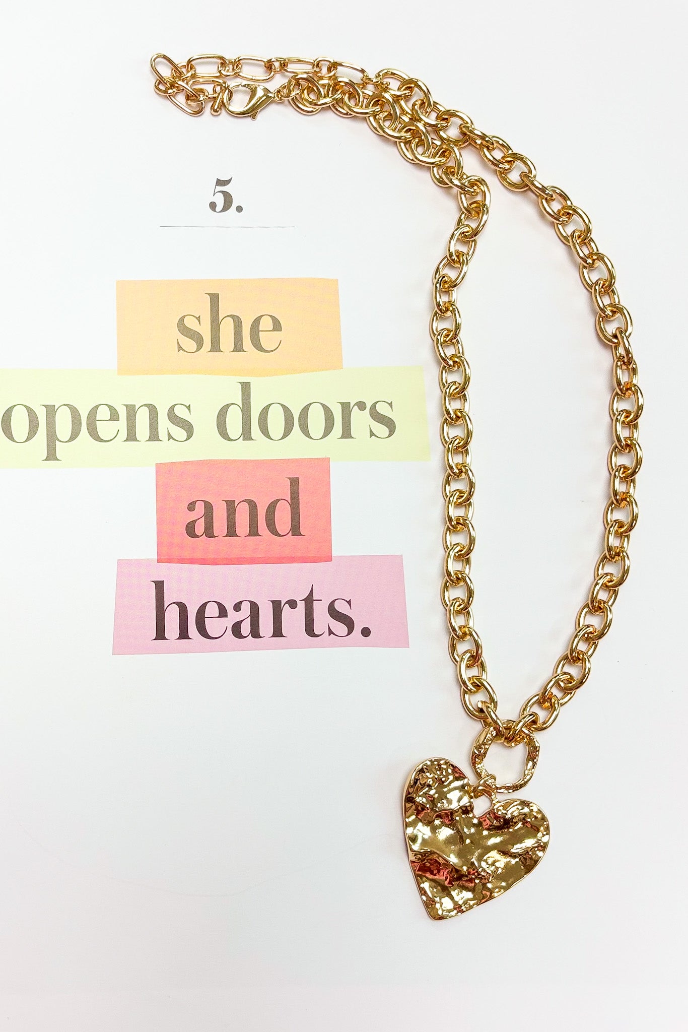Gold Metal Muse Textured Metal Heart Pendant Chunky Chain Necklace - Madison and Mallory