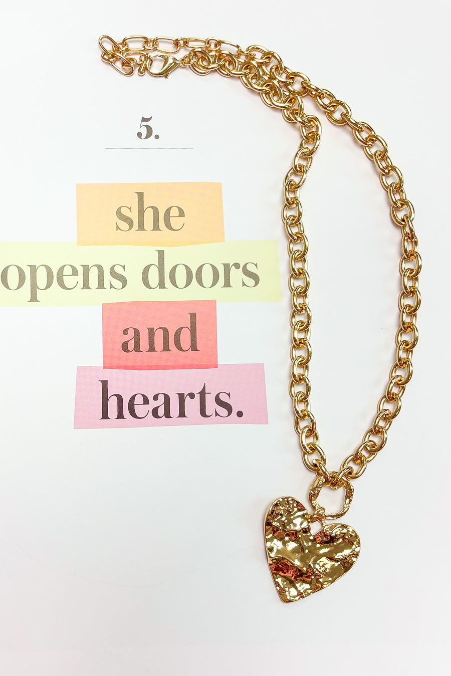 Gold Metal Muse Textured Metal Heart Pendant Chunky Chain Necklace - Madison and Mallory