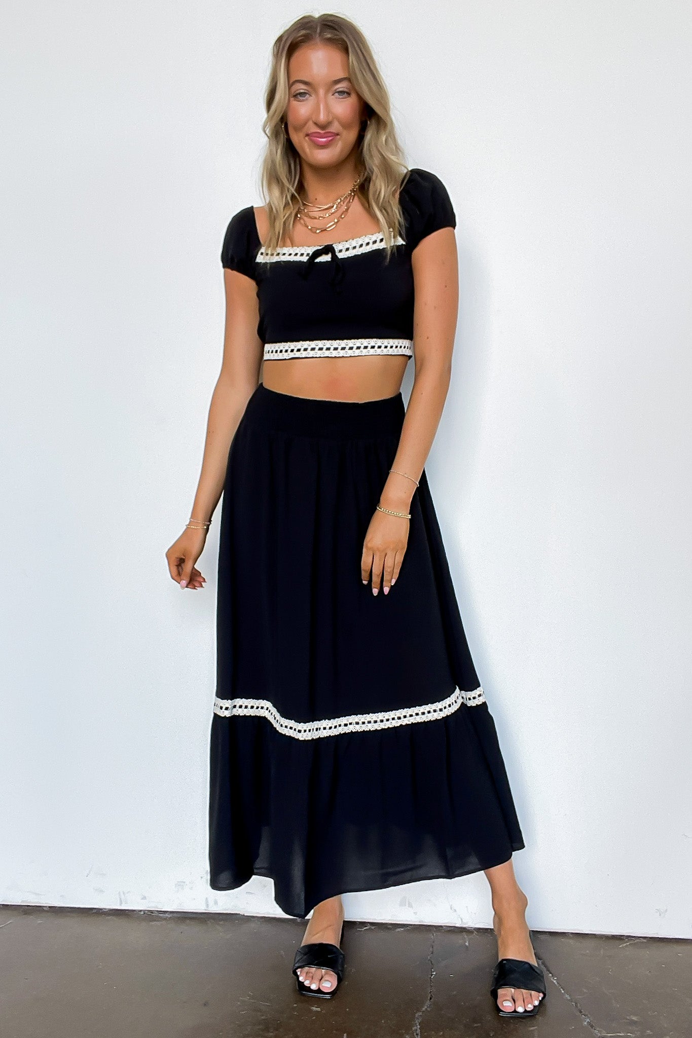 S / Black Midnight Lace Contrast Trim Smocked Waist Midi Skirt and Top Set - Madison and Mallory