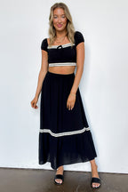 S / Black Midnight Lace Contrast Trim Smocked Waist Midi Skirt and Top Set - FINAL SALE - Madison and Mallory