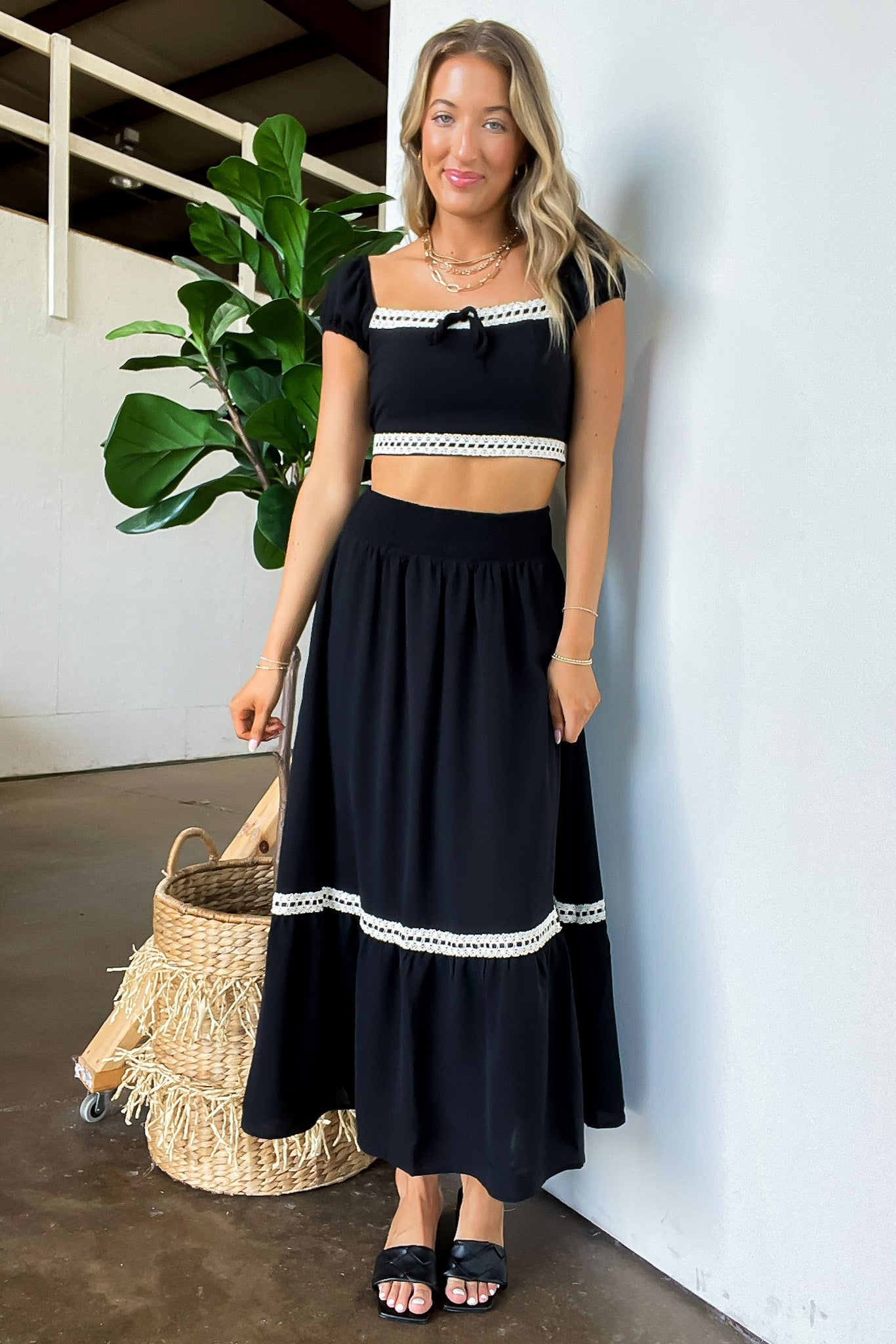 Midnight Lace Contrast Trim Smocked Waist Midi Skirt and Top Set - Madison and Mallory