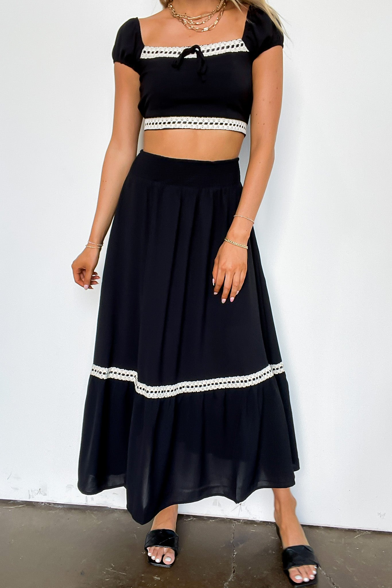 Midnight Lace Contrast Trim Smocked Waist Midi Skirt and Top Set - Madison and Mallory