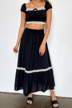 Midnight Lace Contrast Trim Smocked Waist Midi Skirt and Top Set - FINAL SALE - Madison and Mallory