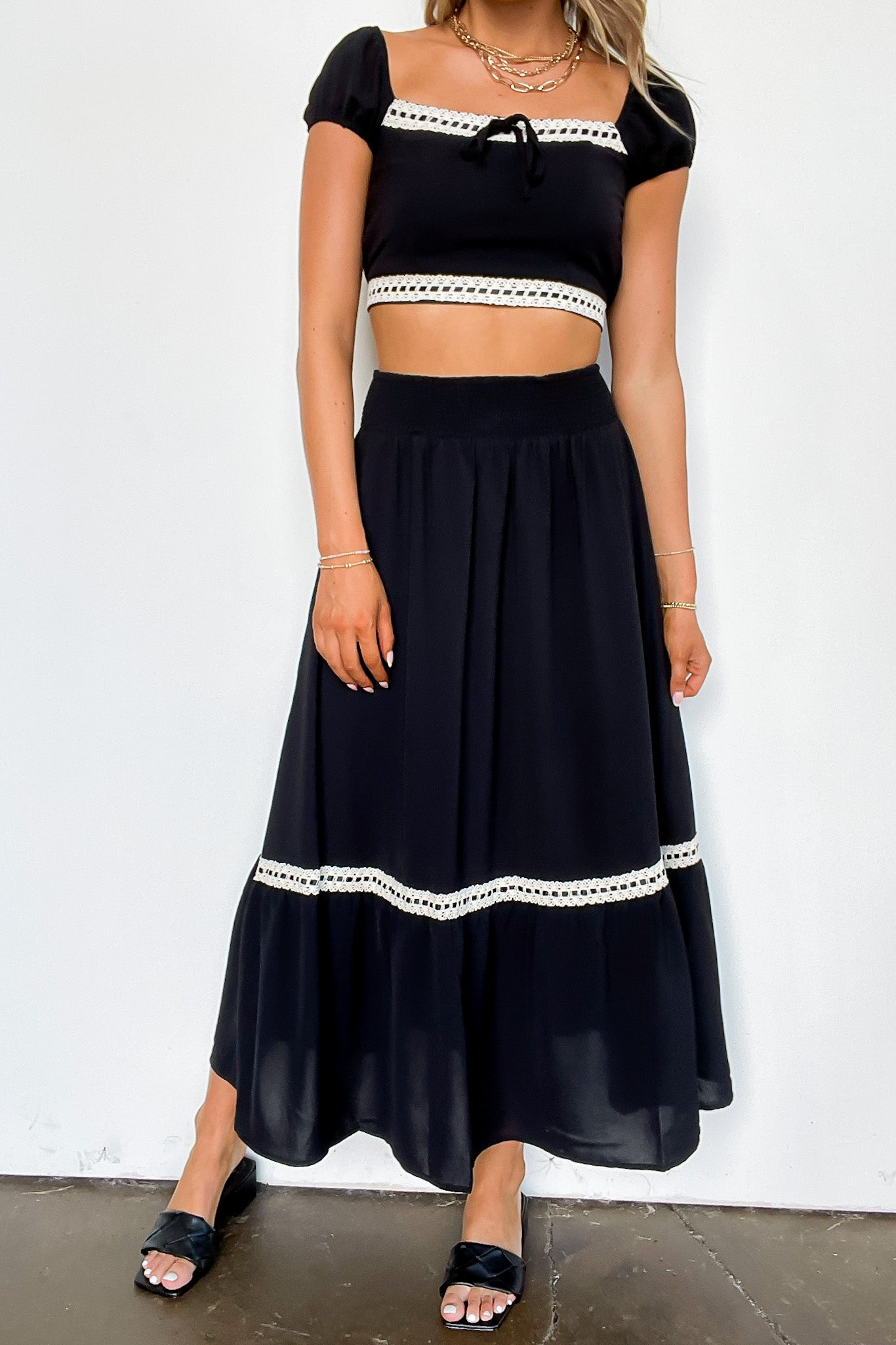 Midnight Lace Contrast Trim Smocked Waist Midi Skirt and Top Set - Madison and Mallory