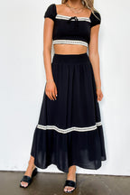 Midnight Lace Contrast Trim Smocked Waist Midi Skirt and Top Set - FINAL SALE - Madison and Mallory