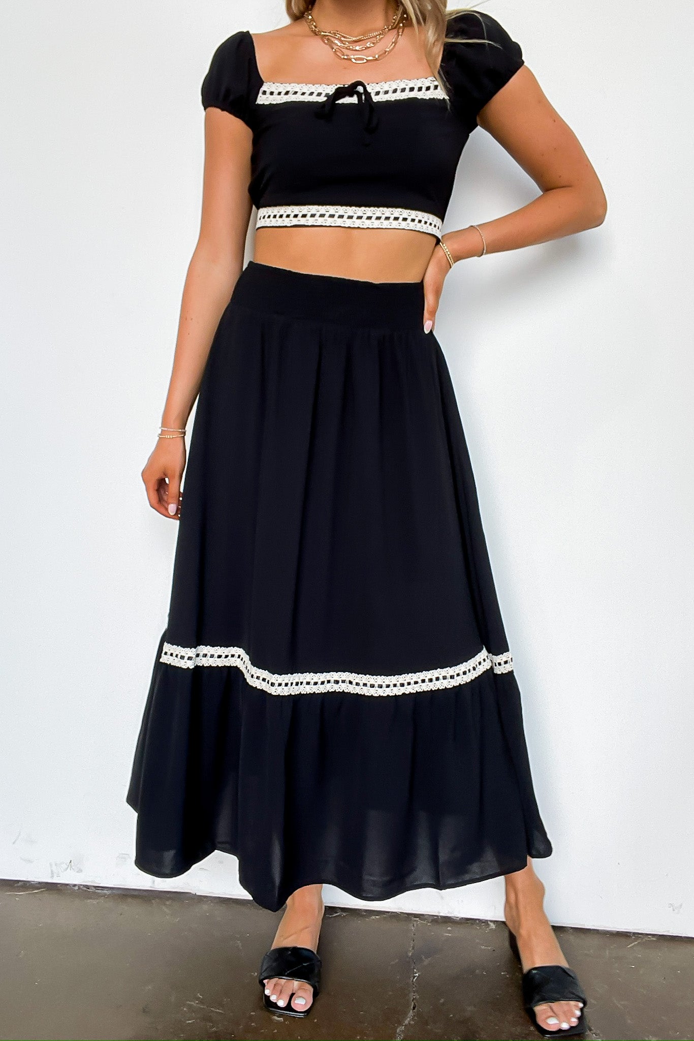 Midnight Lace Contrast Trim Smocked Waist Midi Skirt and Top Set - Madison and Mallory