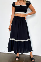 Midnight Lace Contrast Trim Smocked Waist Midi Skirt and Top Set - FINAL SALE - Madison and Mallory