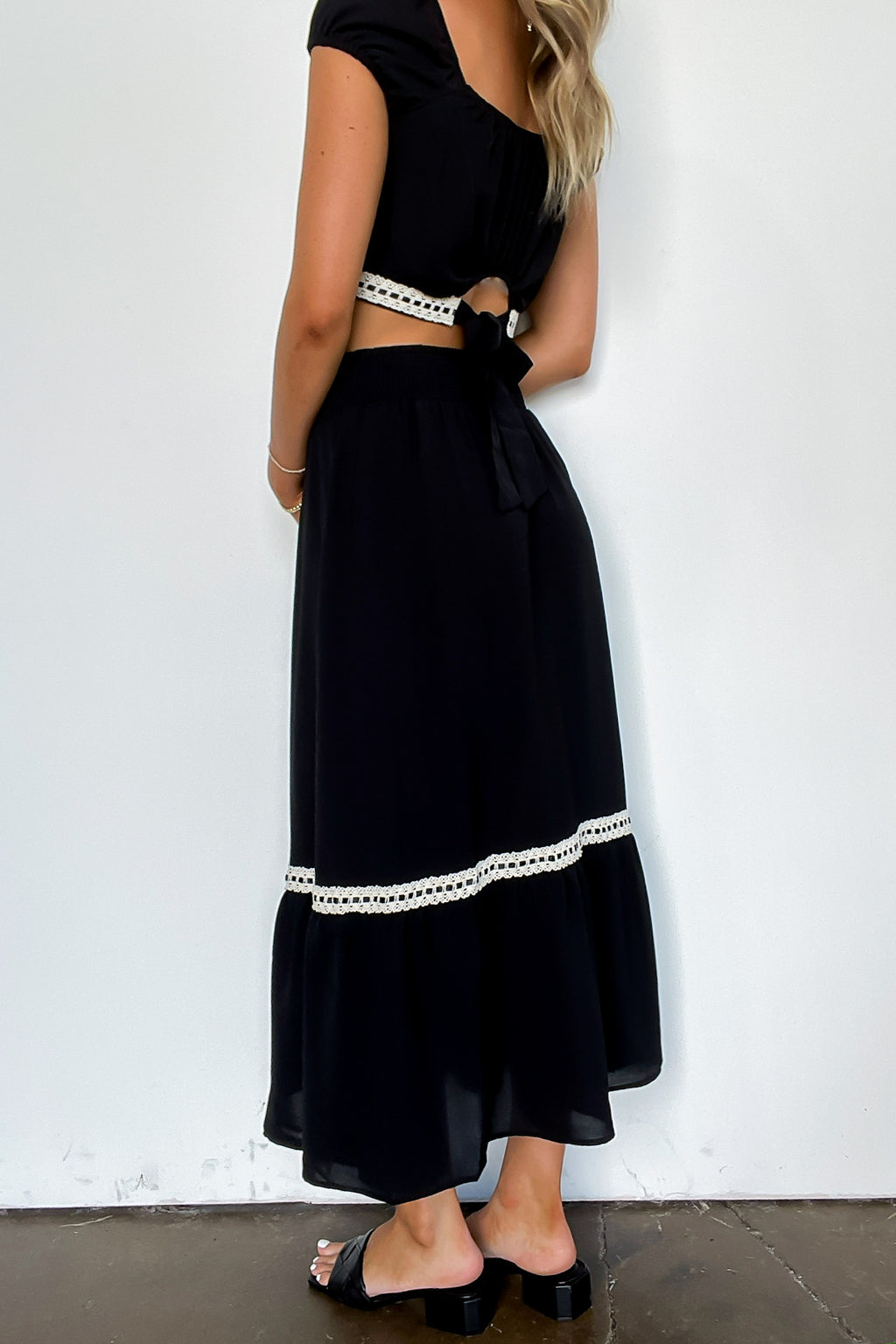 Midnight Lace Contrast Trim Smocked Waist Midi Skirt and Top Set - FINAL SALE - Madison and Mallory