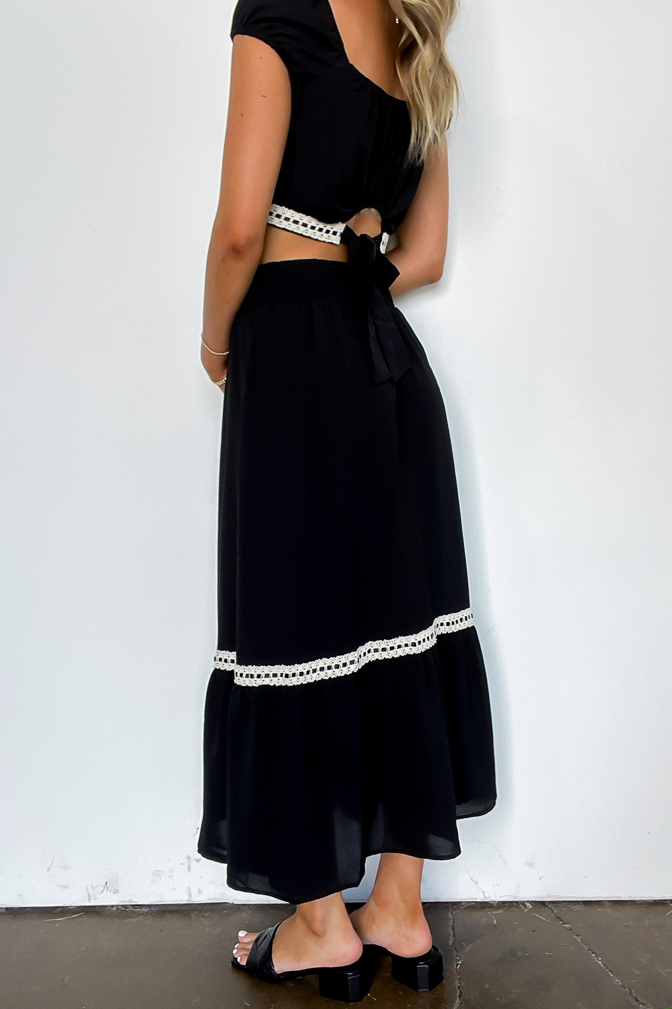 Midnight Lace Contrast Trim Smocked Waist Midi Skirt and Top Set - Madison and Mallory