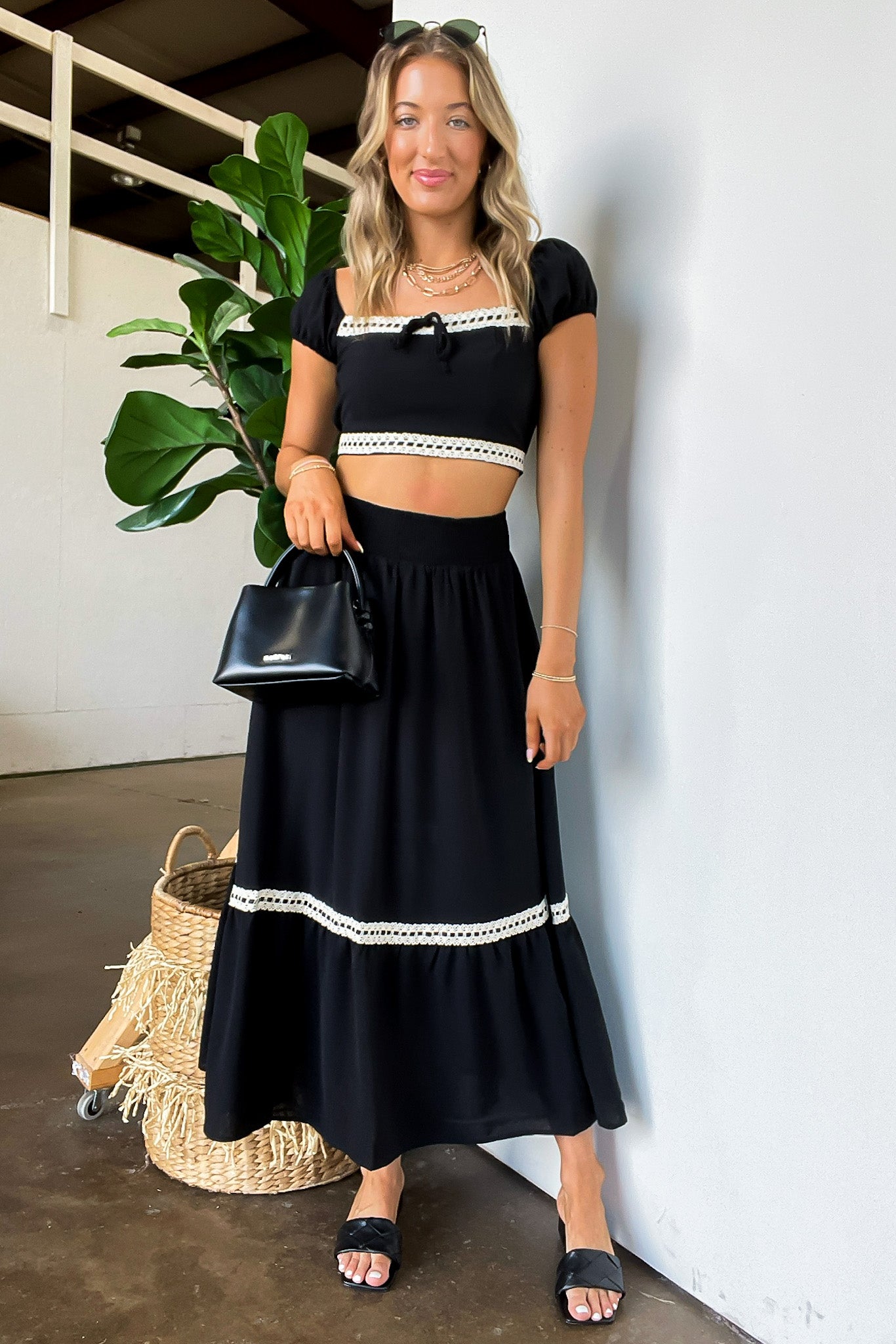 Midnight Lace Contrast Trim Smocked Waist Midi Skirt and Top Set - Madison and Mallory