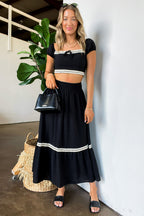 Midnight Lace Contrast Trim Smocked Waist Midi Skirt and Top Set - FINAL SALE - Madison and Mallory