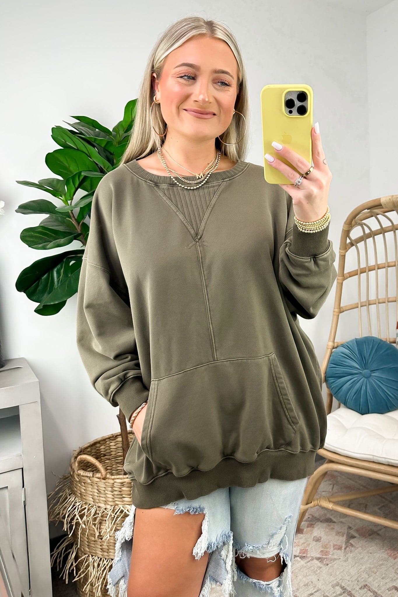 Olive / S Mihra Washed Loose Fit Sweatshirt - BACK IN STOCK - Madison and Mallory