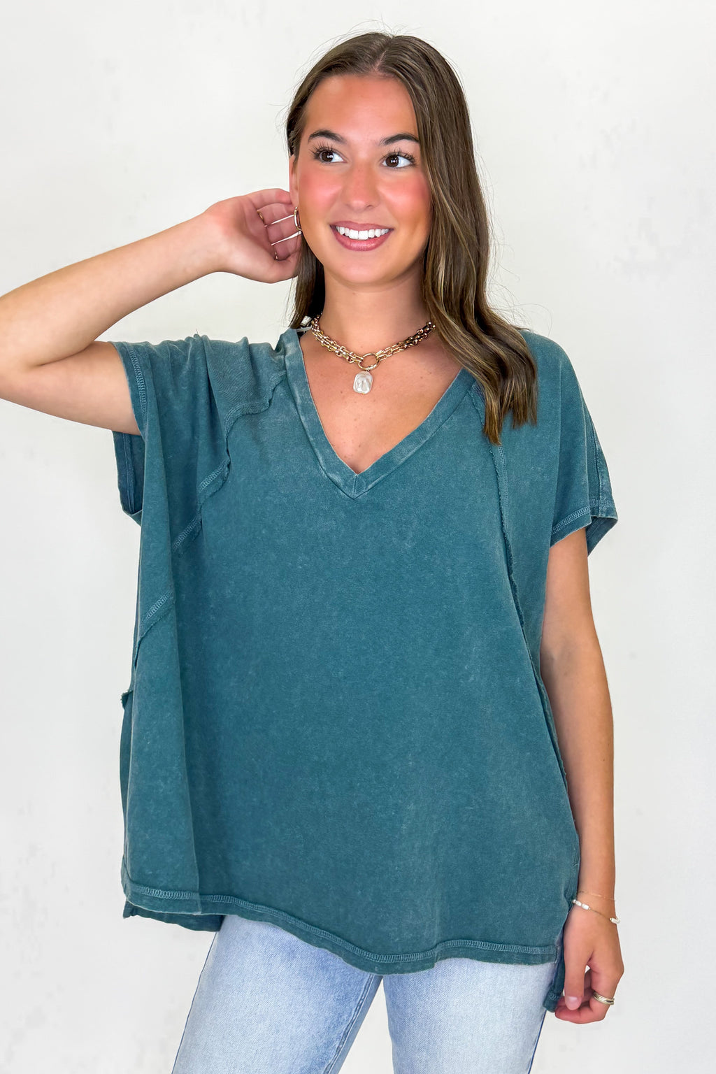 Dark Teal / S Mineral Motion V-Neck Top - Madison and Mallory