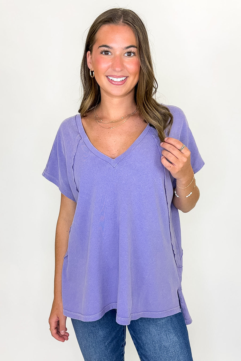 Dusty Purple / S Mineral Motion V-Neck Top - Madison and Mallory