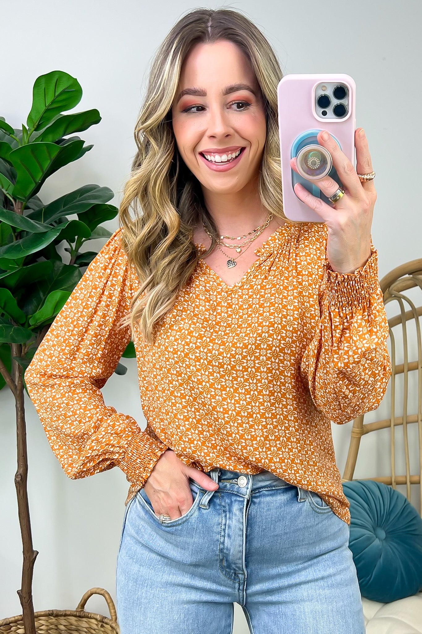Rust / S Mireyah Floral Print V-Neck Top - Madison and Mallory