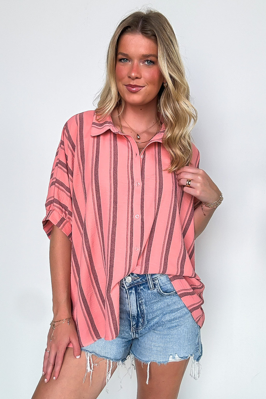 Coral / SM Mirina Oversized Striped Button Down Top - Madison and Mallory
