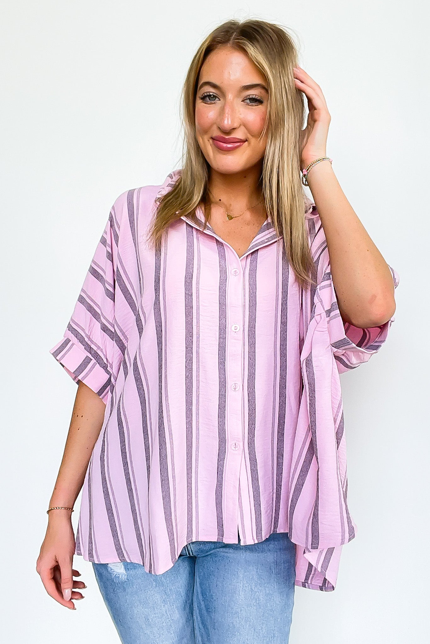 Pink / SM Mirina Oversized Striped Button Down Top - BACK IN STOCK - Madison and Mallory